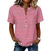 Women’s Striped Print Henley Neck Button Front Short Sleeve Cotton Linen Shirt with Chest Pocket Casual Fit Top