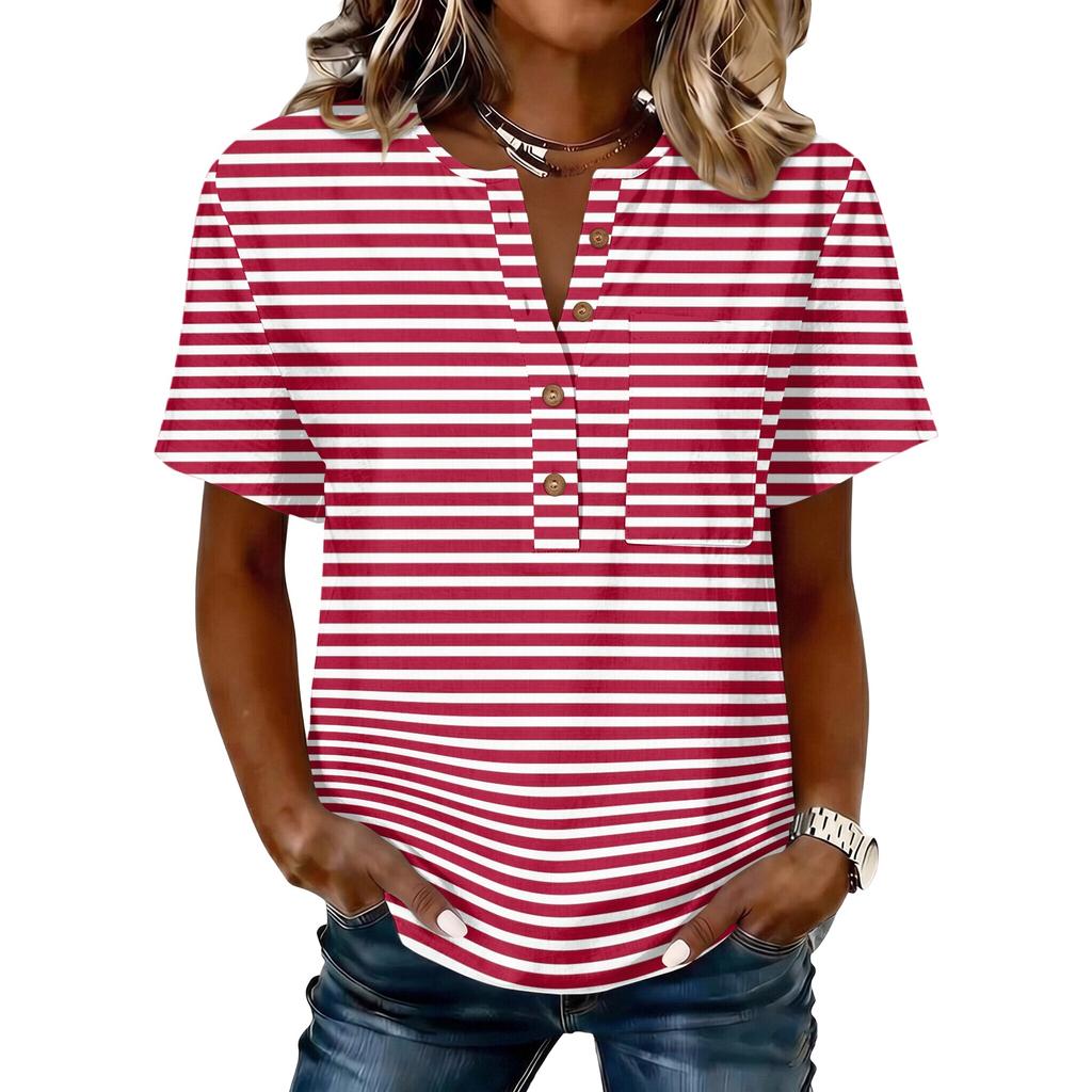 Women’s Striped Print Henley Neck Button Front Short Sleeve Cotton Linen Shirt with Chest Pocket Casual Fit Top