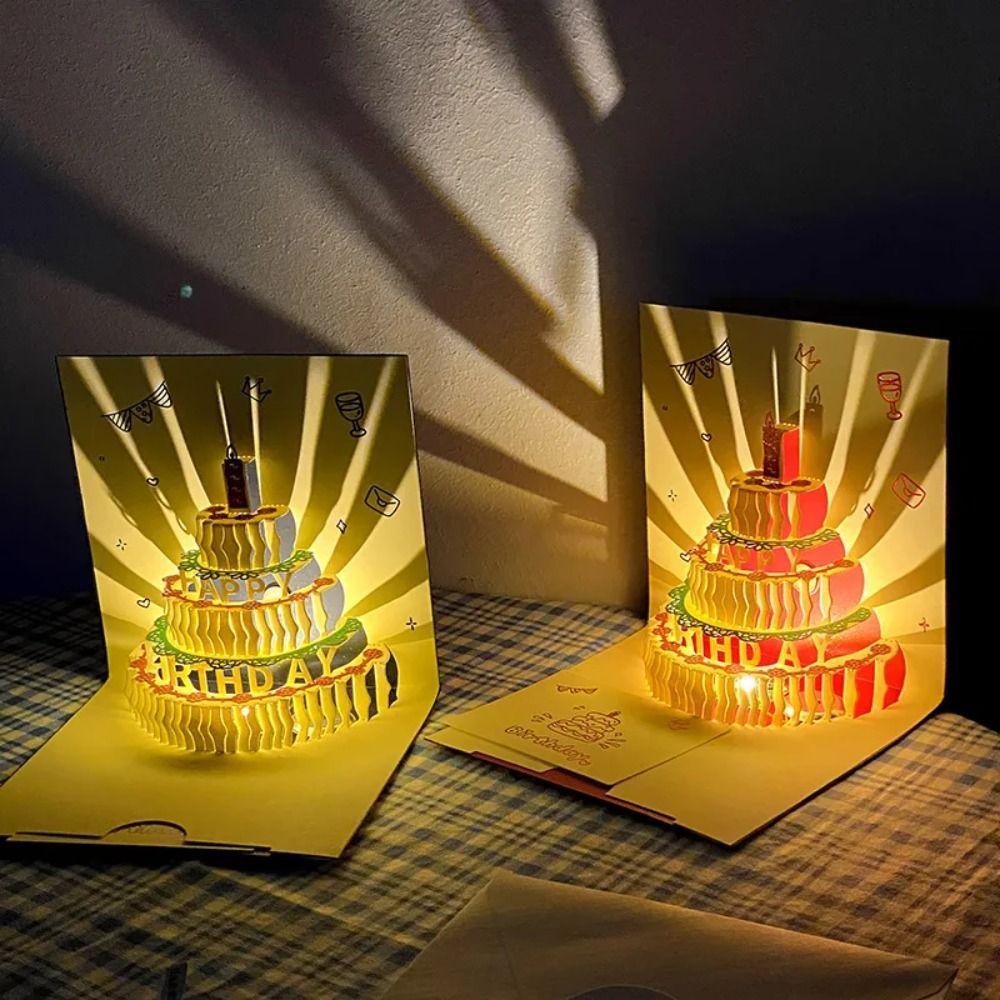 New 3D Happy Birthday Card Four-Layer Birthday Cake with Envelope Musical Light Greeting Card Pop Up Foldable Gift Card