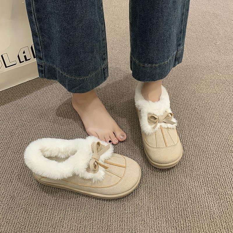 2025 winter new thick-soled bow velvet snow shoes fashionable versatile thickened fur integrated Northeast cotton shoes women