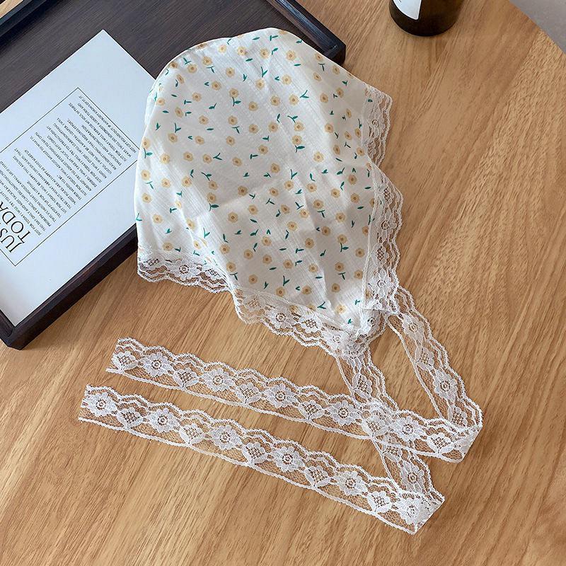 French Blue Plaid Lace Triangle Scarf Headband - Pastoral Style Women's Hair Accessory with Seaside Vibe