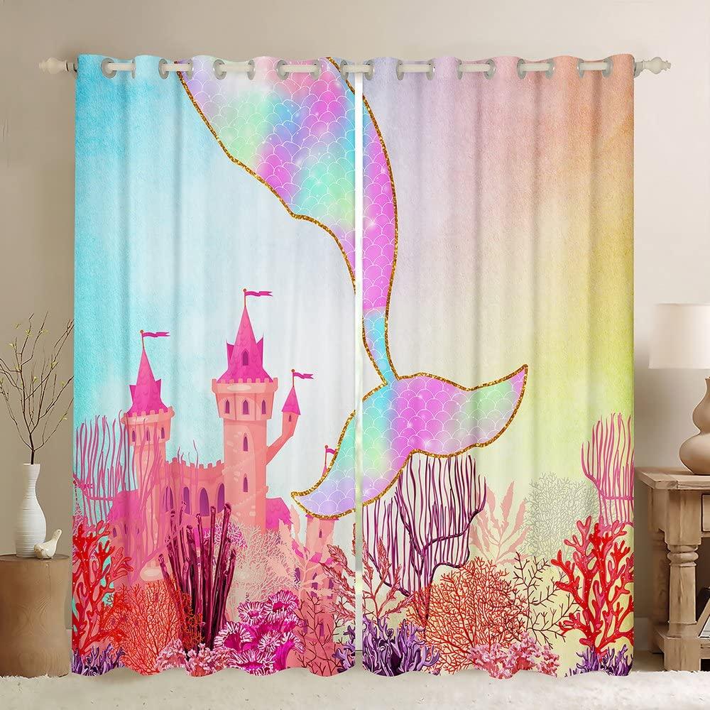 Bed Chamber Blackout Style Drapes Ombre Beauty Mermaid Fish Scale Thermal Insulated Room Darkening Drapes for Living Area Room Drapes