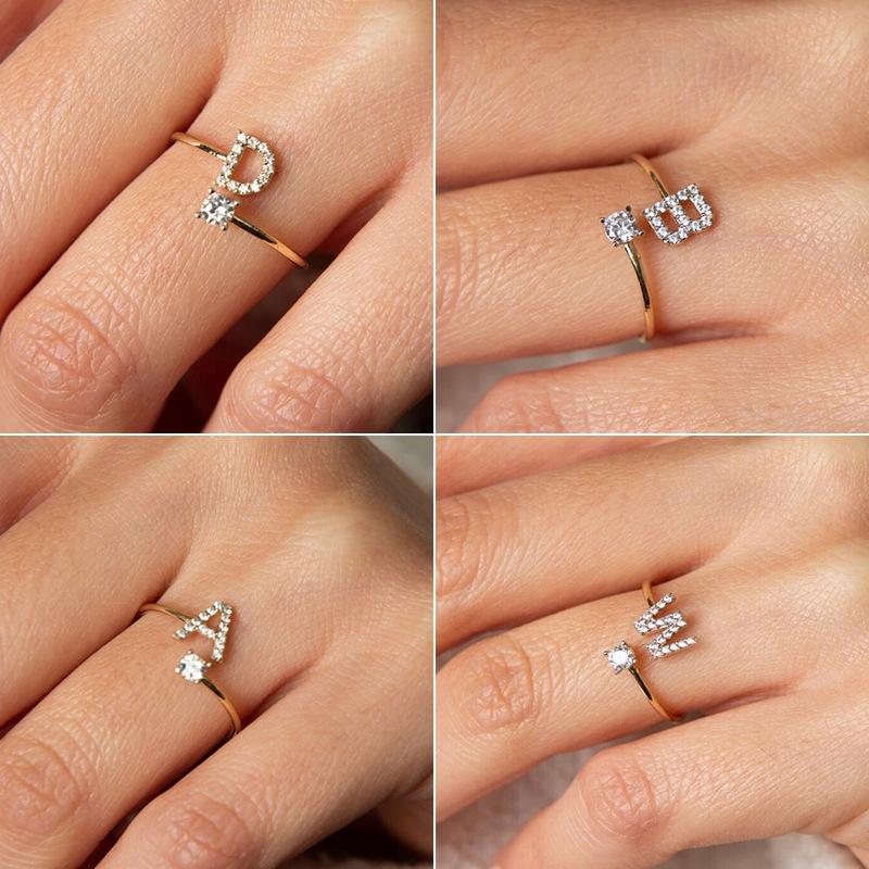 CARLIDANA Women Adjustable Zircon A - Z Letters Initial Name Stackable Letter Open Rings Stainless Steel Adjustable Ring