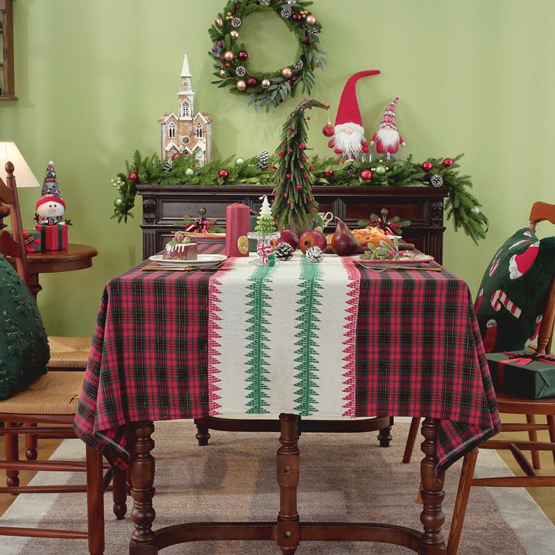 25 Custom-Dyed Polyester-Cotton Festive Christmas Red Grid Gold Silk Decorative Fringed Coffee Table Tablecloth Dining Table Cloth