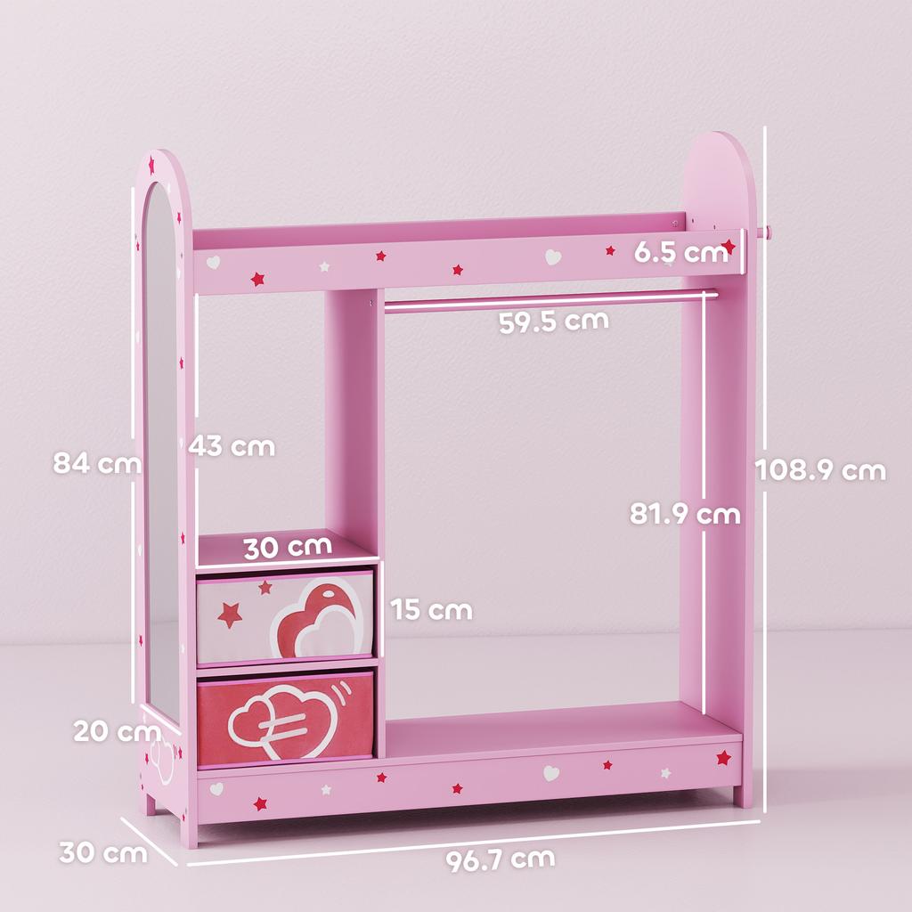 Kids Clothes Rail, Kids Wardrobe with Mirror, Shelves, Fabric Storage and Hooks for Bedroom, Nursery, Pink