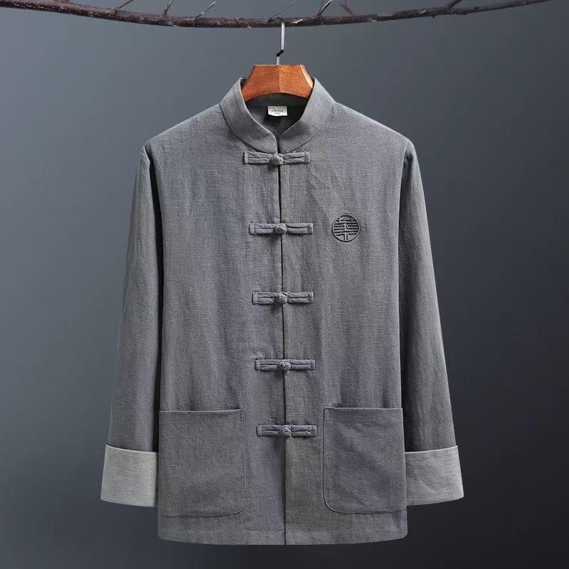 Men's Retro Chinese Tang Suit: Spring/Autumn Cotton Linen 3-Piece Set with Long Sleeve Frog Button Hanfu Coat