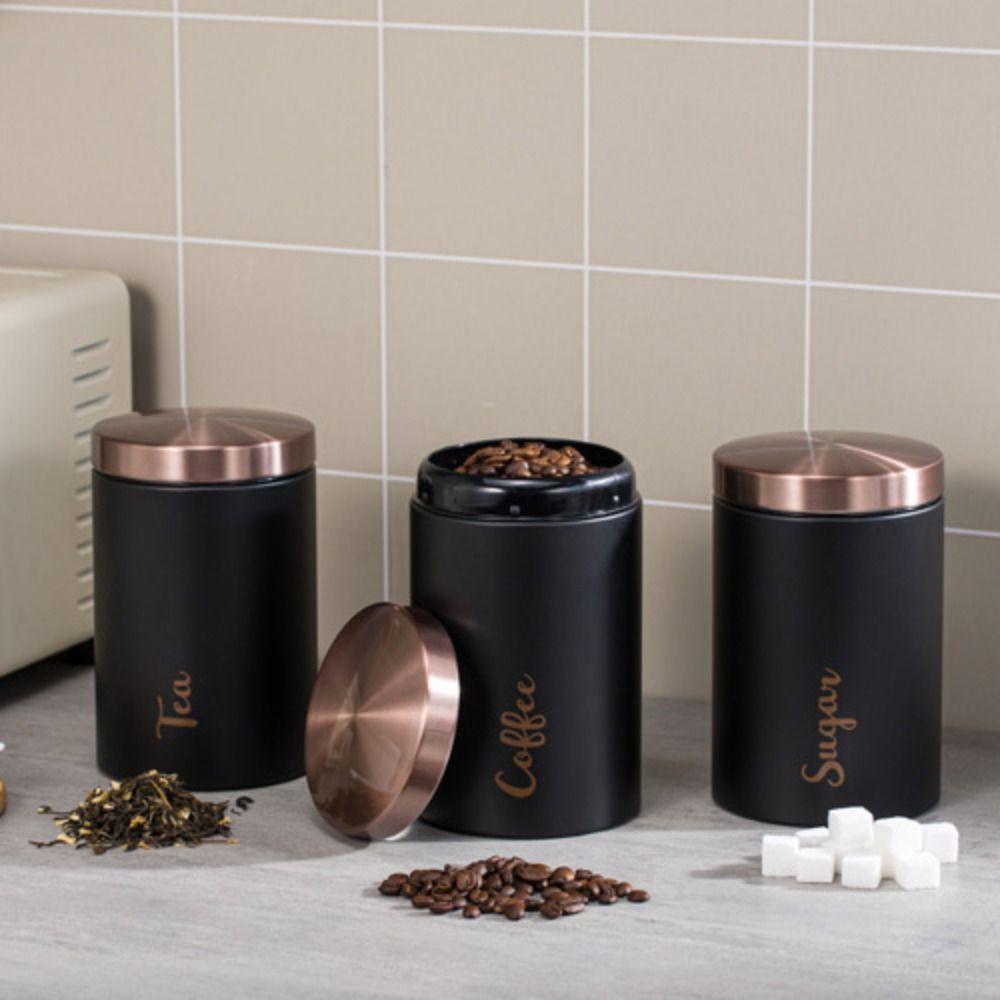 3PCS Clear Window Tea Tank Kit Stainless Steel Grains Storage Jars Desk Ornament Nuts Cans  Kitchen