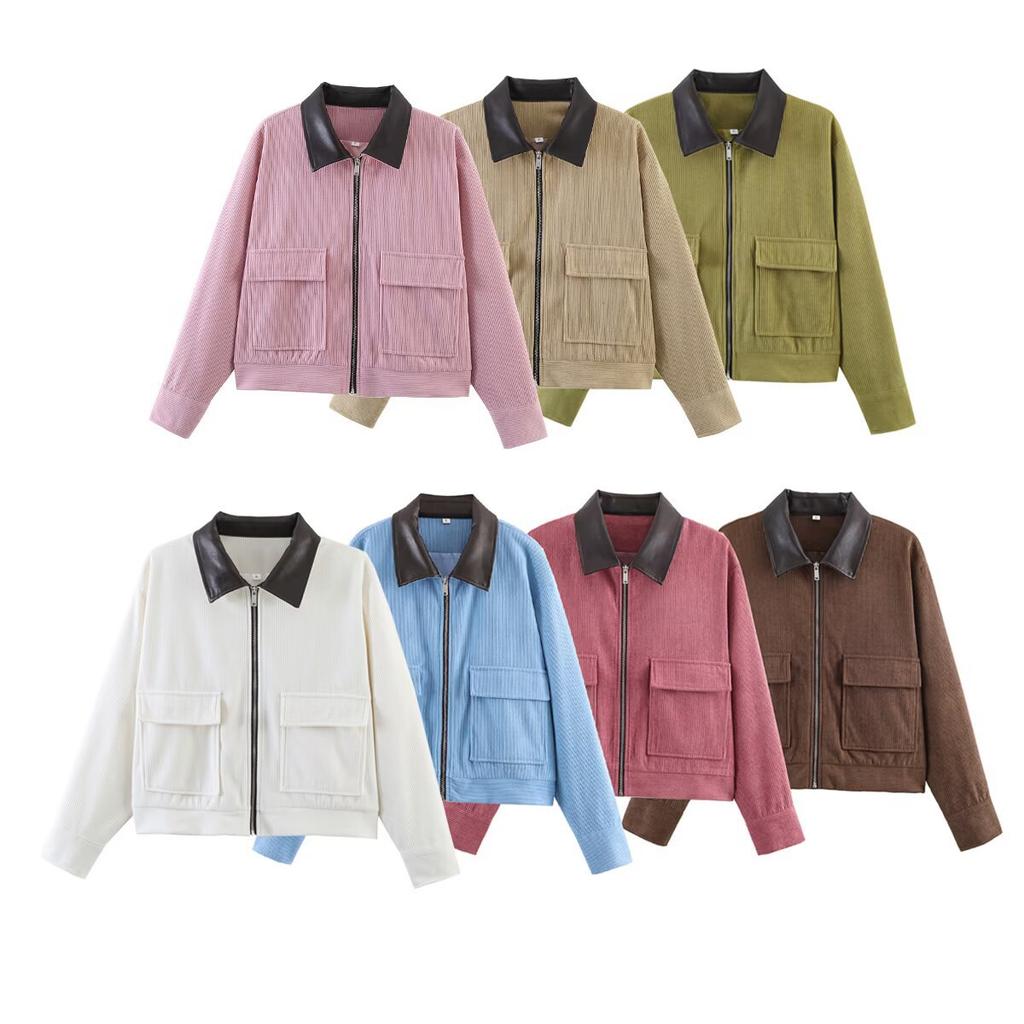 New seven-color corduroy patchwork leather collar jacket 2949024