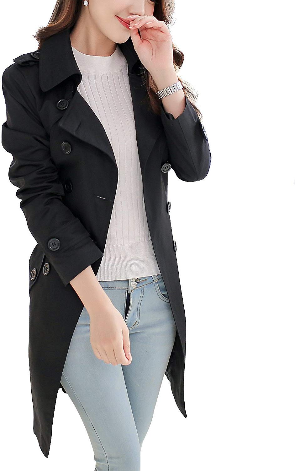 NANJUN Trench with Comfortable for and Cute Women s Coat, Double-Face, Double-Breasted, Water-Repellent, Pockets, Casual, Commuting, Spring, Autumn, чёрный