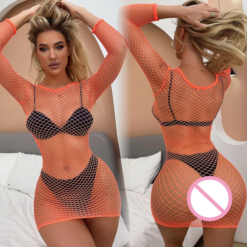 Women Fishnet Mini Sexy Dress Mesh See Through Hollow Skirt Hot Transparent Girl Dress Erotic Costume Crotchless Lingerie