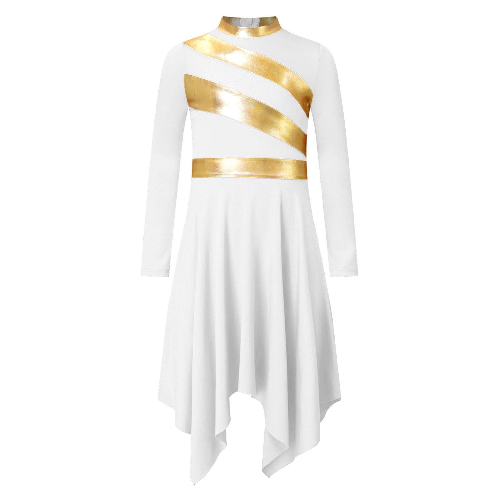 

Сукня для танцю хвали та поклоніння для дівчат, контрастного кольору, з металізованою клаптиковою вставкою, з імітацією коміра-стійки, з довгим рукавом, з асиметричним подолом, сукня для виступів 5-6 Years білий