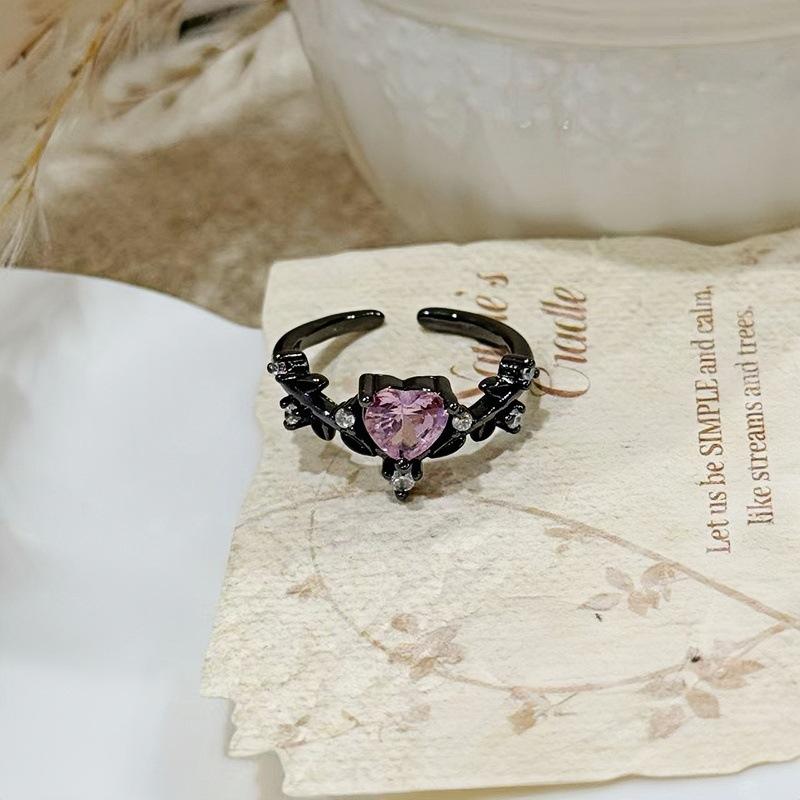 Dark Sweet Cool Pink Zircon Love Open Ring Punk Stacked Wear Personality Niche High Sense Girlfriend Ring Girl