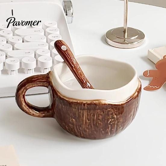 Unique Textured Breakfast Bowl Vintage Coconut Shell Ceramic Mug, Handmade Irregular Coffee Cup with Spoon, Cereal Mug Rustic Texture Oatmeal Tea for