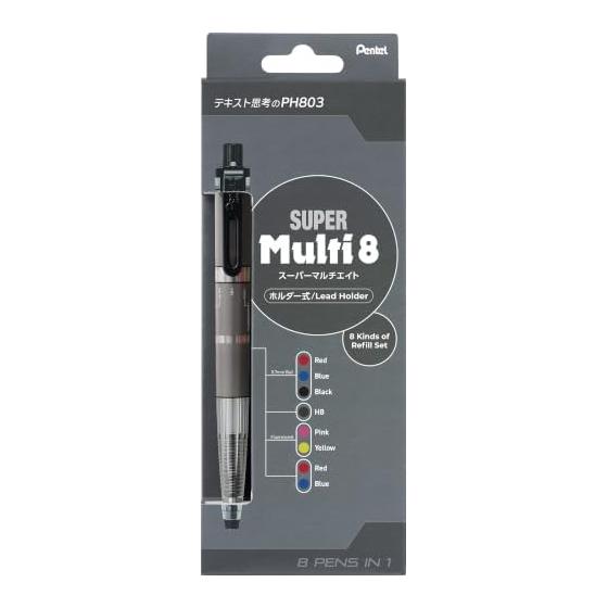 Pentel Super Multi 8 Mechanical Pencil with 8 Color Lead Set, XPH803ST, Multi 8 Multi-tool, Ballpoint Pen, Highlighter, 0.7mm & 2.0mm Lead, Built-in