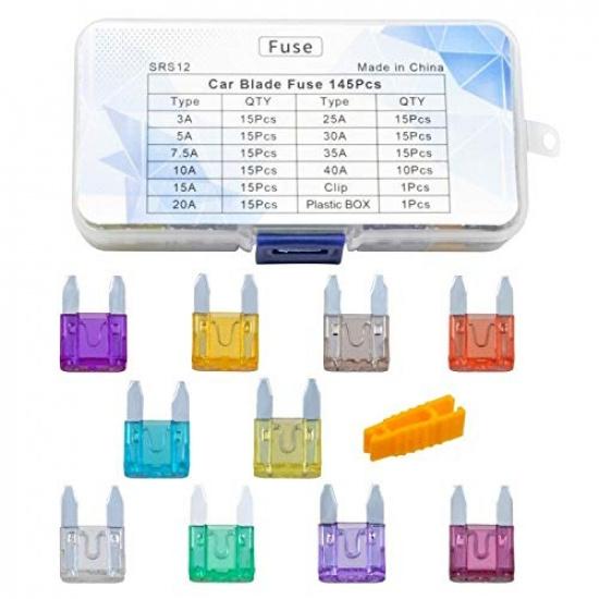 AHL 145pcs Mini Blade Fuses Assortment Auto Car Motorcycle Truck Fuses Kit 3A 5A 7.5A 10A 15A 20A 25A 30A 35A 40A Boat Camper RV ATV UTV Automotive