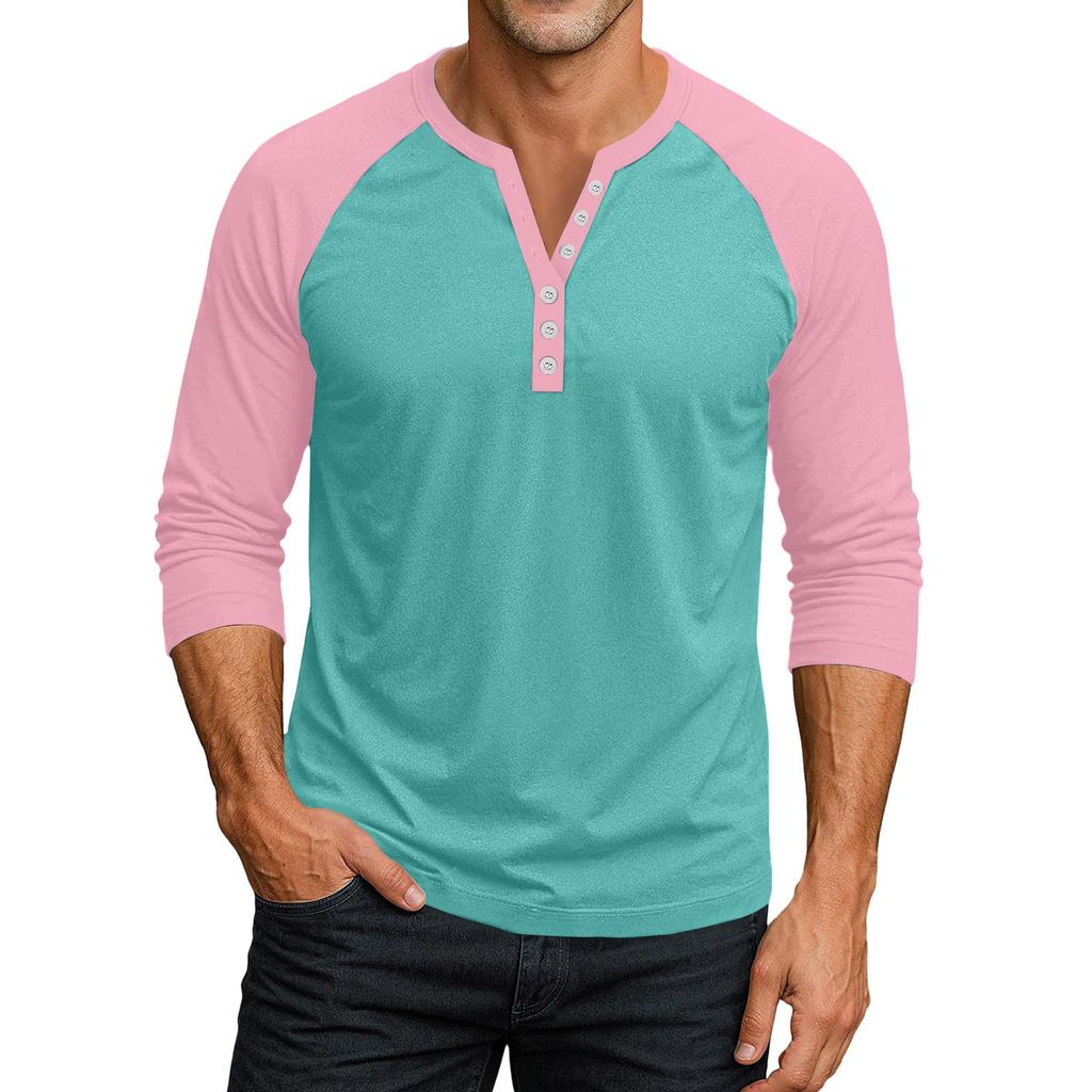 Men's Button-Down Contrast Raglan 3/4 Sleeve Top