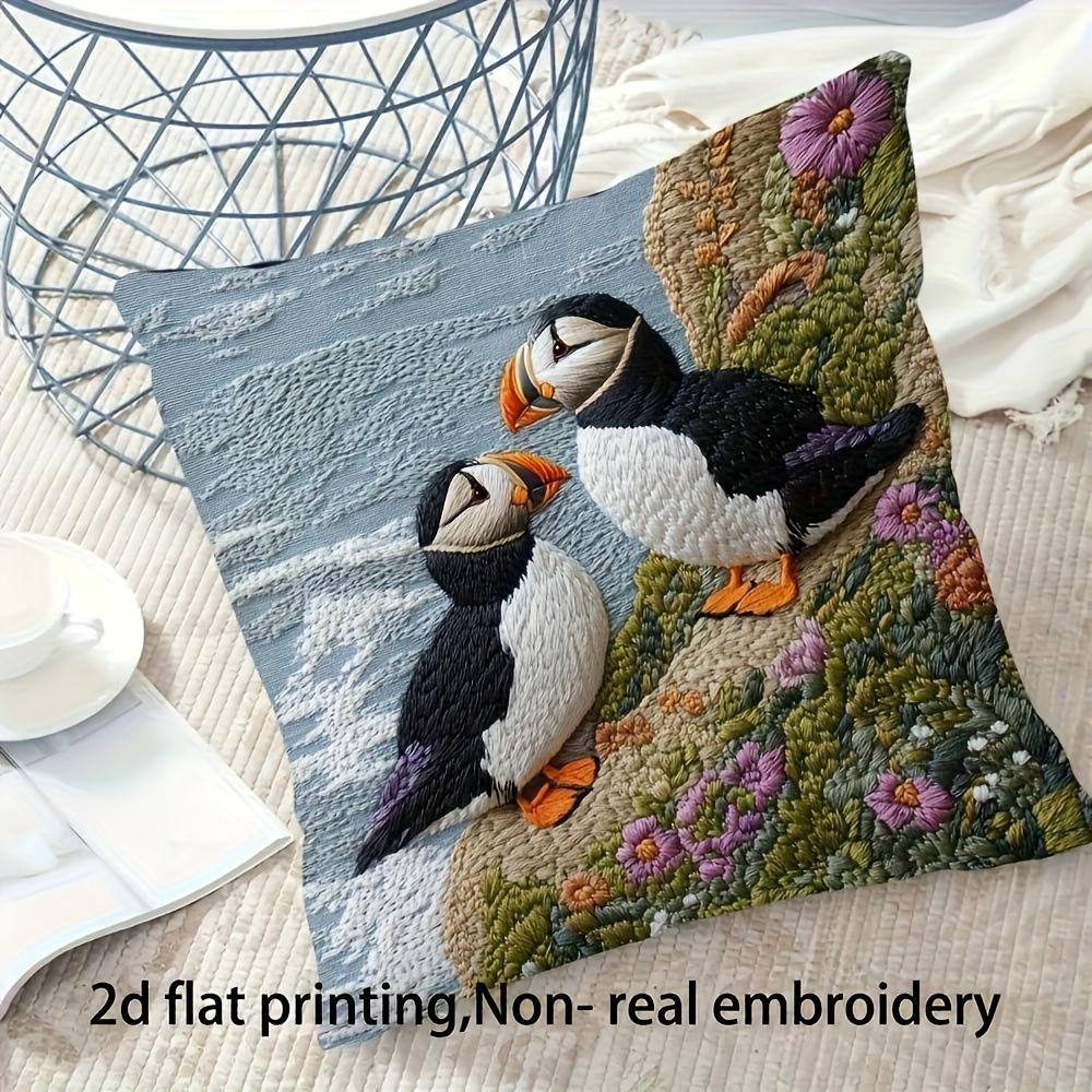 Cute Puffin Faux Embroidery Style Throw Pillow Cover Seaside Puffins & Flowers Decorative Pillow Case For Home Decor