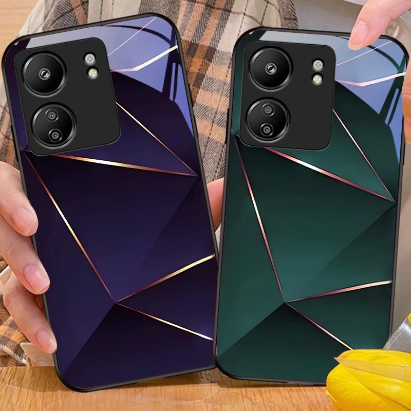 Geometrisches Prisma für Xiaomi Redmi 13C, Note 13, 12 Pro Plus 5G, Note 9, 13T Pro, POCO X6, F5, F6 – Schwarze Schutzhülle aus gehärtetem Glas