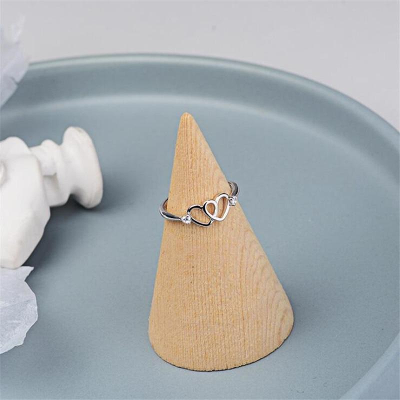 Latest Small Fresh Heart Shaped Creative Double Love Hollow Sterling Tone Jewelry Stylish Fashionable Crystal Stone Opening Rings