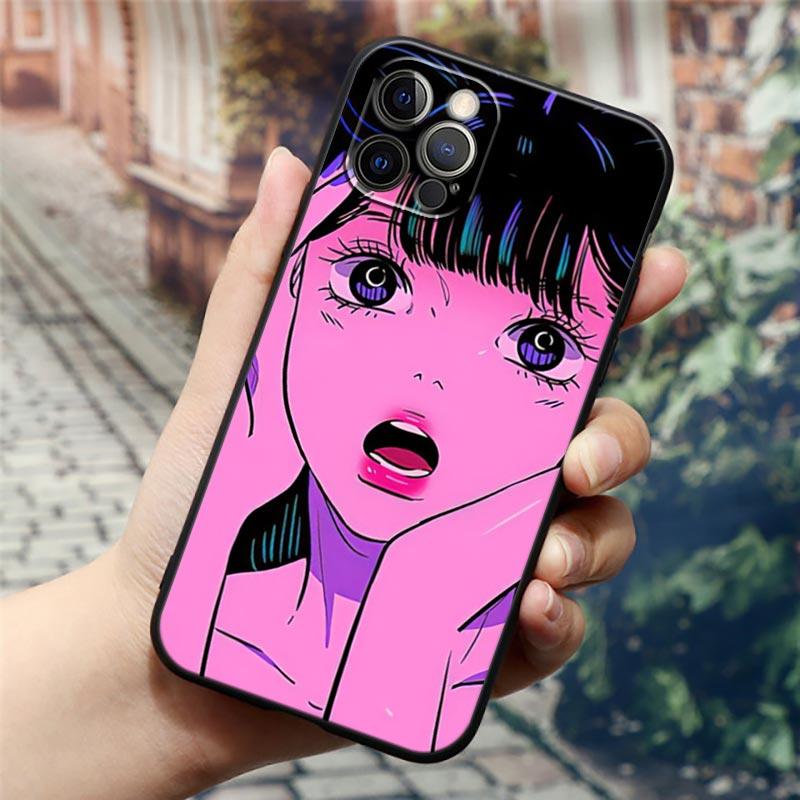 Super Cute Girl Anime Phone Case for iPhone14 13 12 11 PM Pro Max 8 7 SE XR XS Plus Black Soft Silicon Cover Fundas Coques Shell