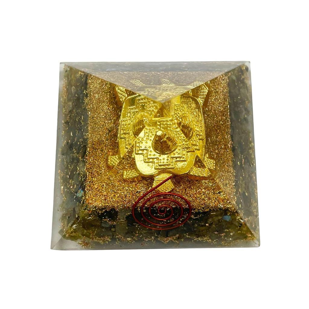 Resin Medium Size Multicolor Set of 1 Labradorite Shree Yantra On Turtle Orgone Pyramid for Reiki Healing, Vastu Correction, Meditation