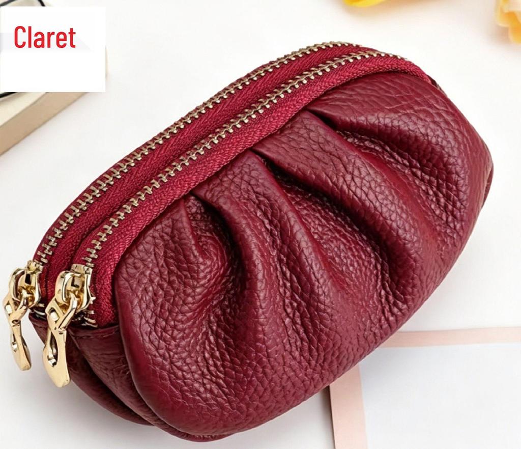 Women's Genuine Leather Pleated Wallet - Double Zipper, Multi-functional Coin Purse