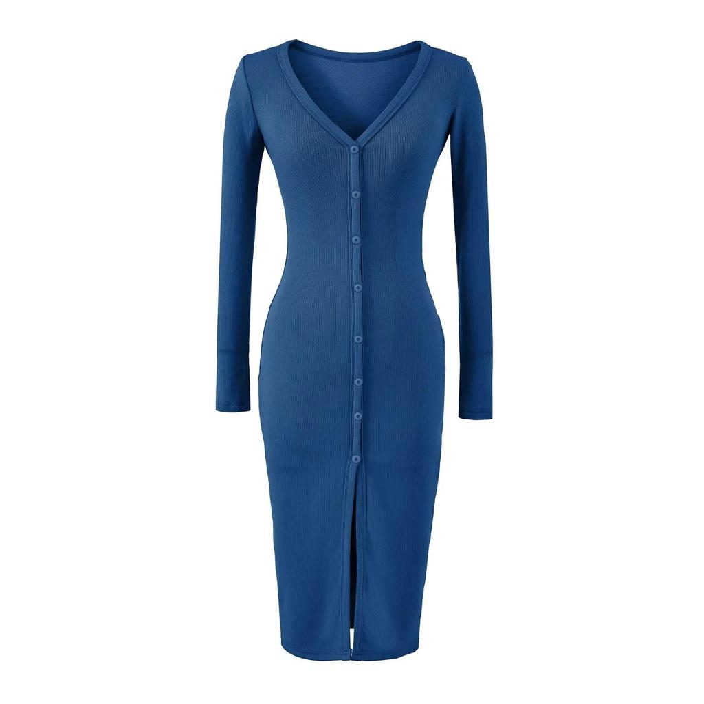 Elegant V-Neck Long Sleeve Dress - Sexy Hip-Hugging Mid-Length Skirt for Women, Perfect for Spring and Autumn.