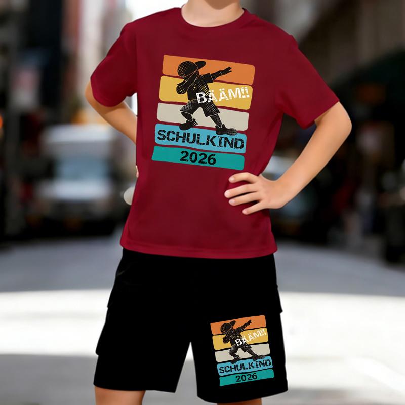 Boys 2 Piece Entrance Commemoration Printed Outfit, Short Sleeve T-Shirt and Shorts Set for Kids Age 5-14,Black ,White Sporty Casual Summer Clothes