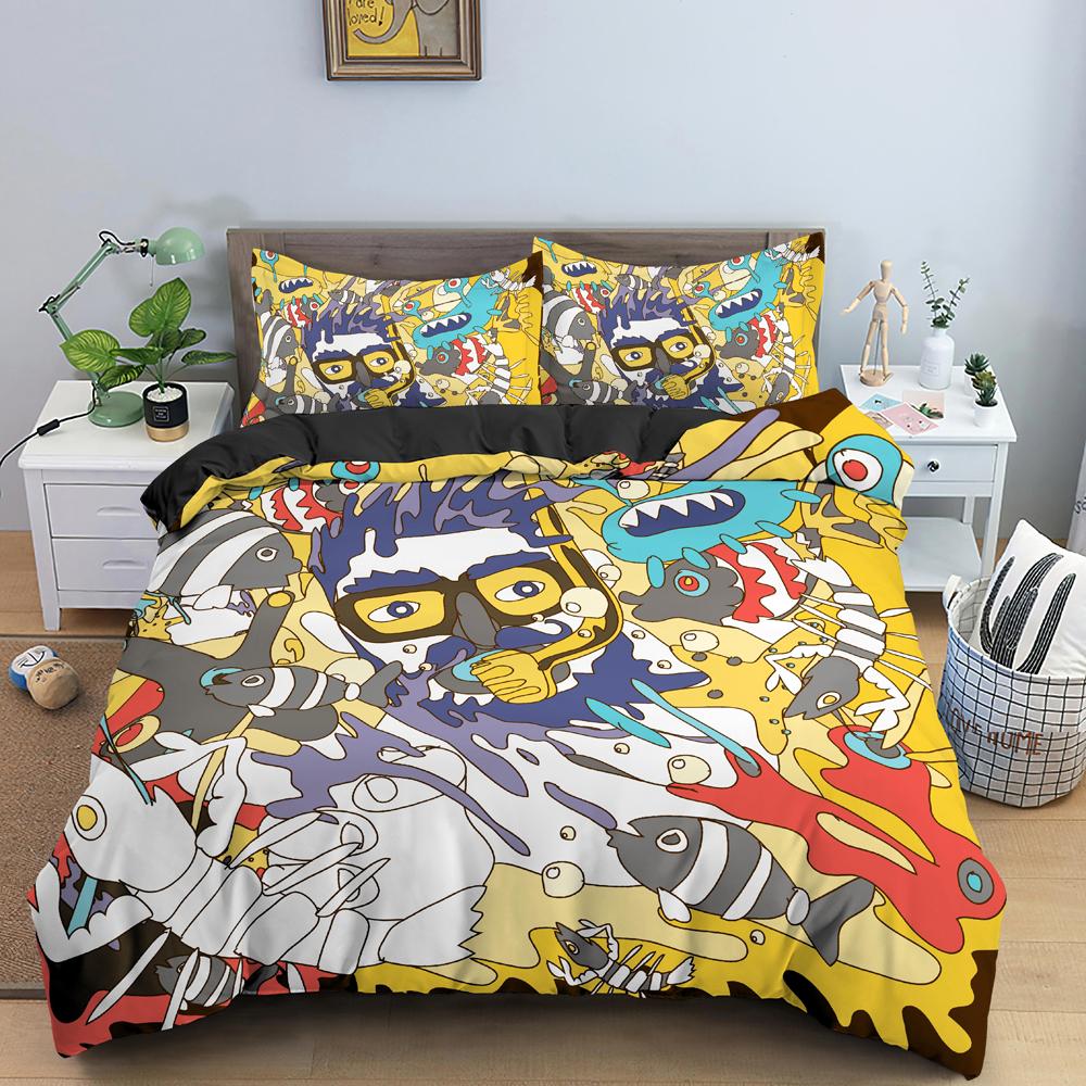 Cartoon Graffiti Königin König Bettbezug Abstrakt Psychedelischer Stil Bettwäscheset Bunt Moderne Kunst 2/3-teilig Polyester Steppdeckenbezug