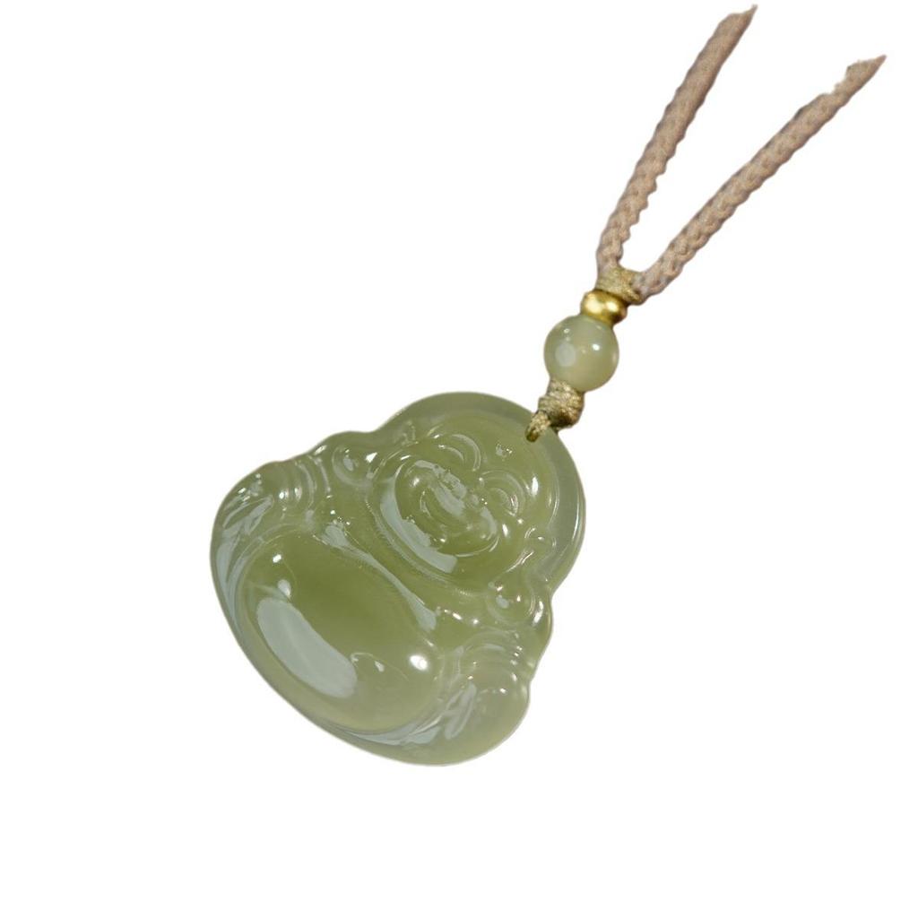 Natürliche afghanische Jade Maitreya Buddha Anhänger Halskette mit Pulloverkette und gewebtem Seil.