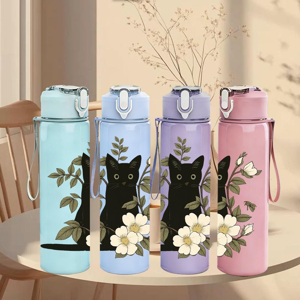 1PC Floral Black Cat Art 750ml Color Plastic Sports Water Bottle Leakproof Flip Straw Lid Suitable for Sports Office Home Use