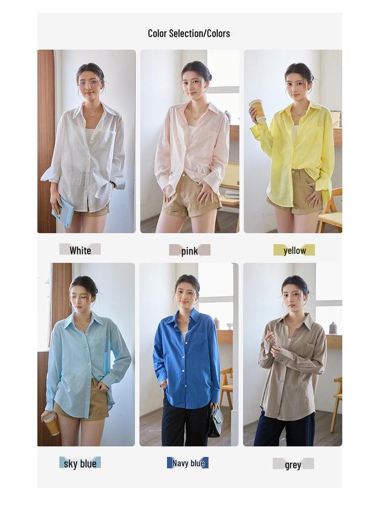 White Washed Cotton Linen Long Sleeve Shirt - Spring/Summer 2026 Sun Protective Loose Cardigan Top