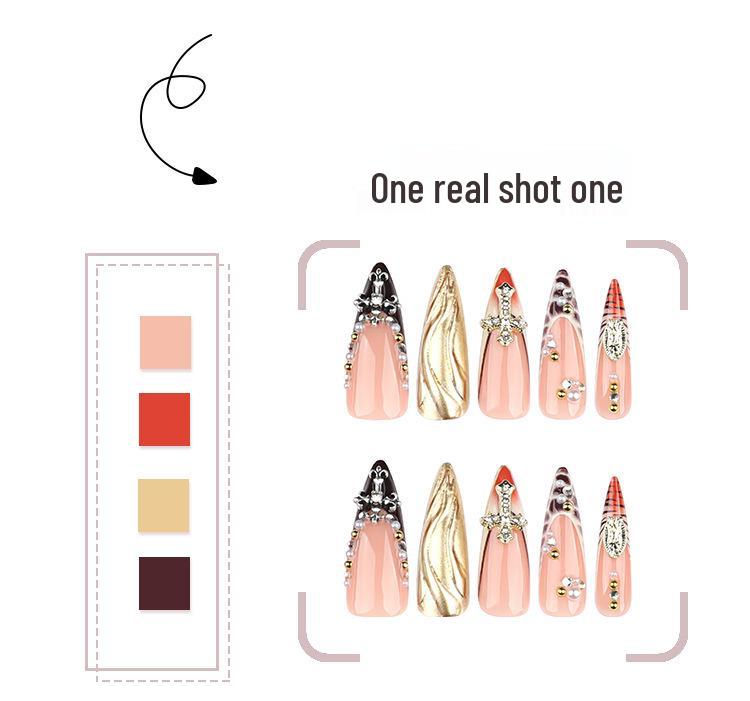 Ongles French Léopard Imprimé Strass Stiletto Longs 3D - Faux Ongles Finition Super Brillante