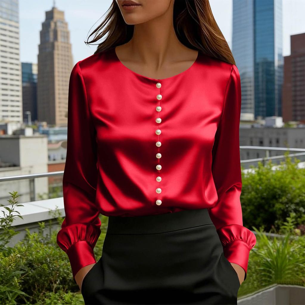 Women's Long-sleeved Satin Color Shirt. Pearl Button Collar. Round Neck Silky Smooth Business Casual Top