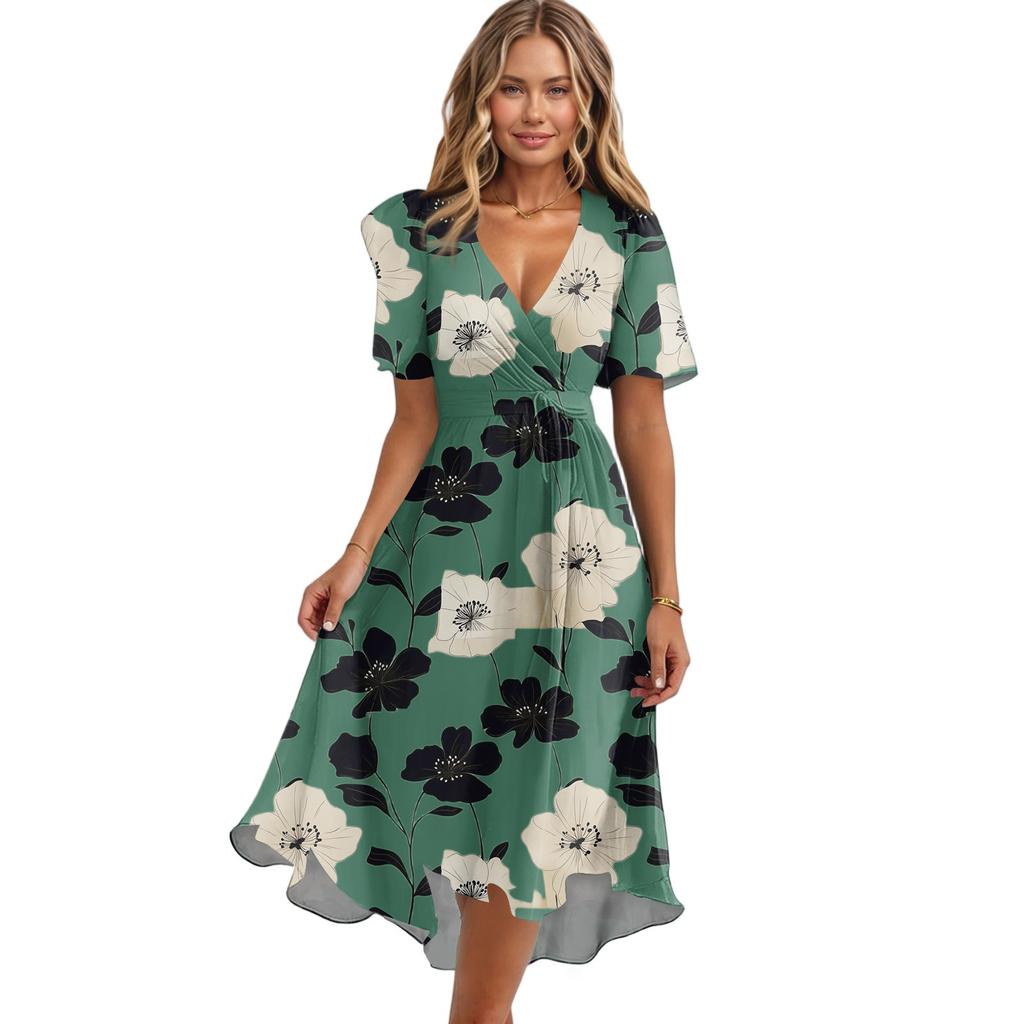 Women's Loose Casual  V-Neck Flared Skirt Short Sleeved Printed Dress Printed Dress