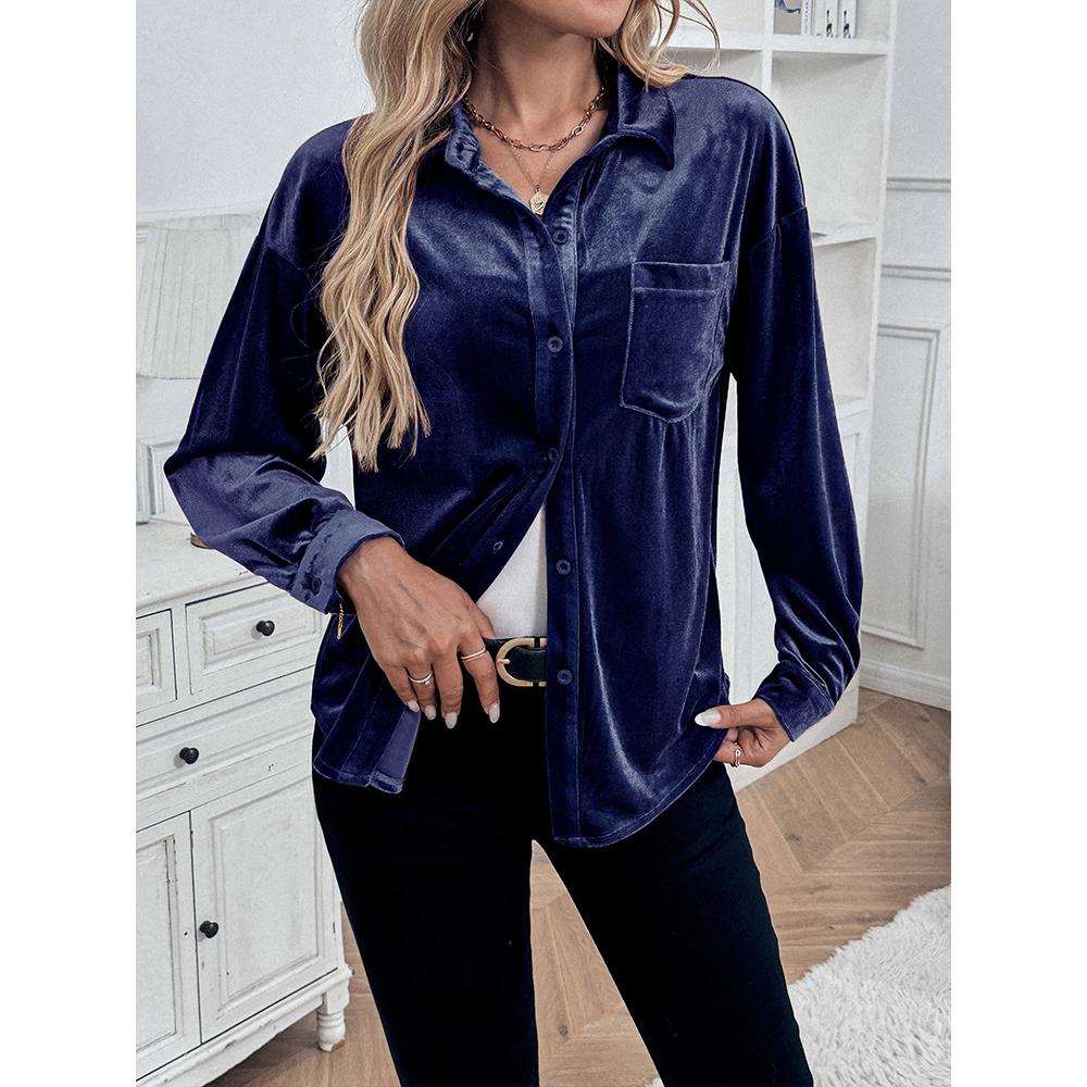 Damen Samt Button-Down Hemden Herbst Schick Lässig Vintage Oberteile V-Ausschnitt Raffinierte Blusen Langarm T-Shirts für Damen