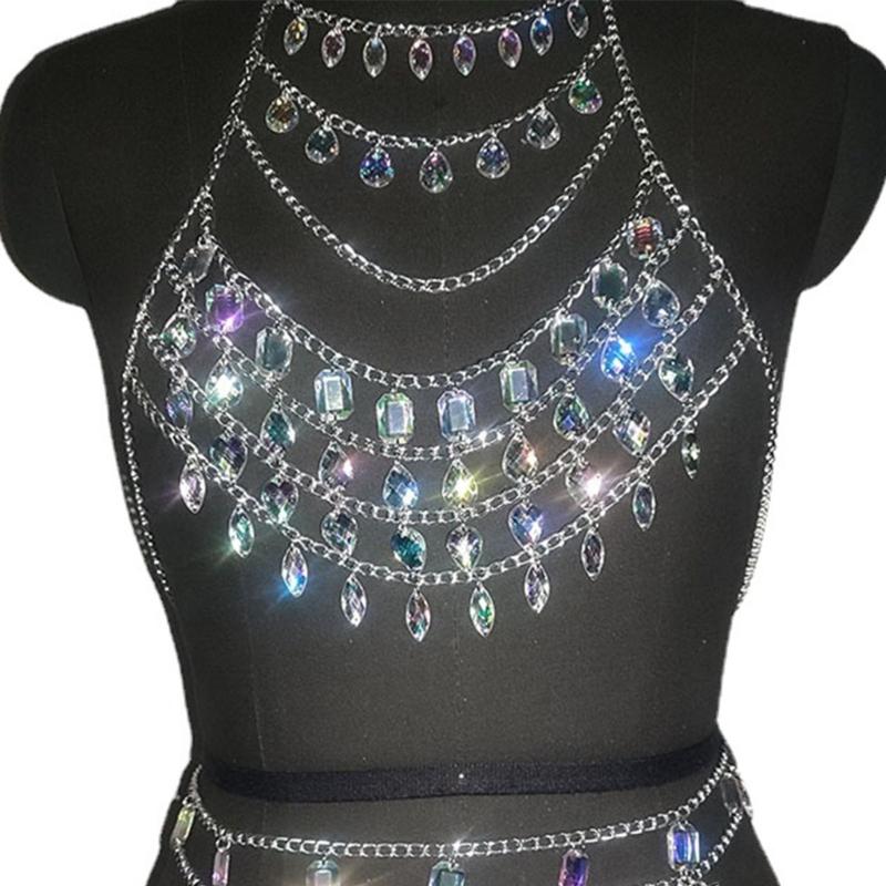 Rhinestones Body Chains Beach Bikini Bra Top Crystal Chest Chains Wasit Body Jewelry Accessories for Women Girls Gifts