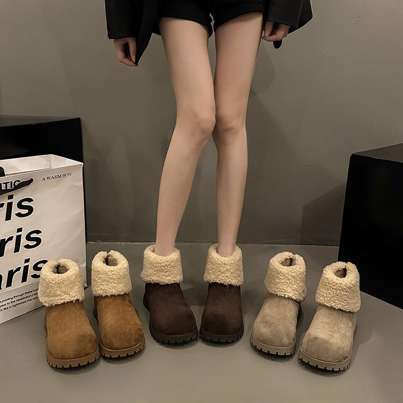 New velvet thickened warm snow boots women's winter thick-soled turning short boots retro muffin cotton shoes tide