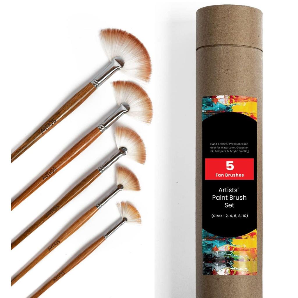 Fan Paint Brushes Set/Handmade Professional Artist Painting Brush Set for Acrylic, Watercolor, & Gouache Painting with Brush Holder