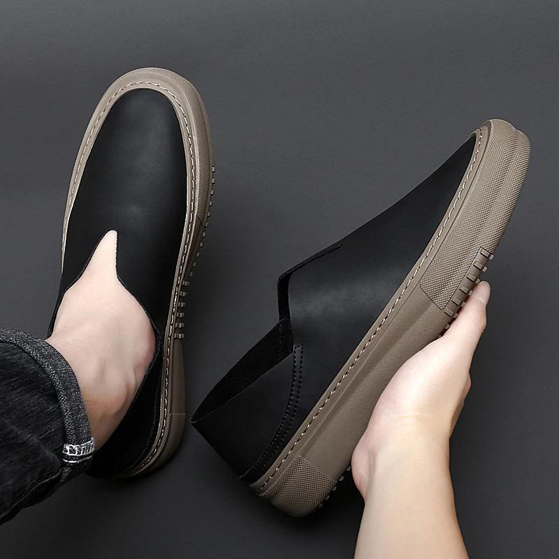 Fashion New Genuine Leather Mens Shoes Fashion Slip On Rubber Outdoor Sneakers Mocassins Handmade Male Loafers Soft Casual Leather Shoes