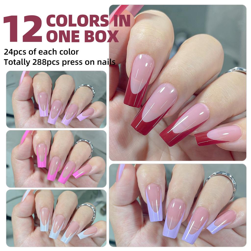 Maniküre 12 Farben zum Tragen Nägel 288 Stück Hand- und Fußnagelkunst Patch Falschnagel-Set Tragenägel
