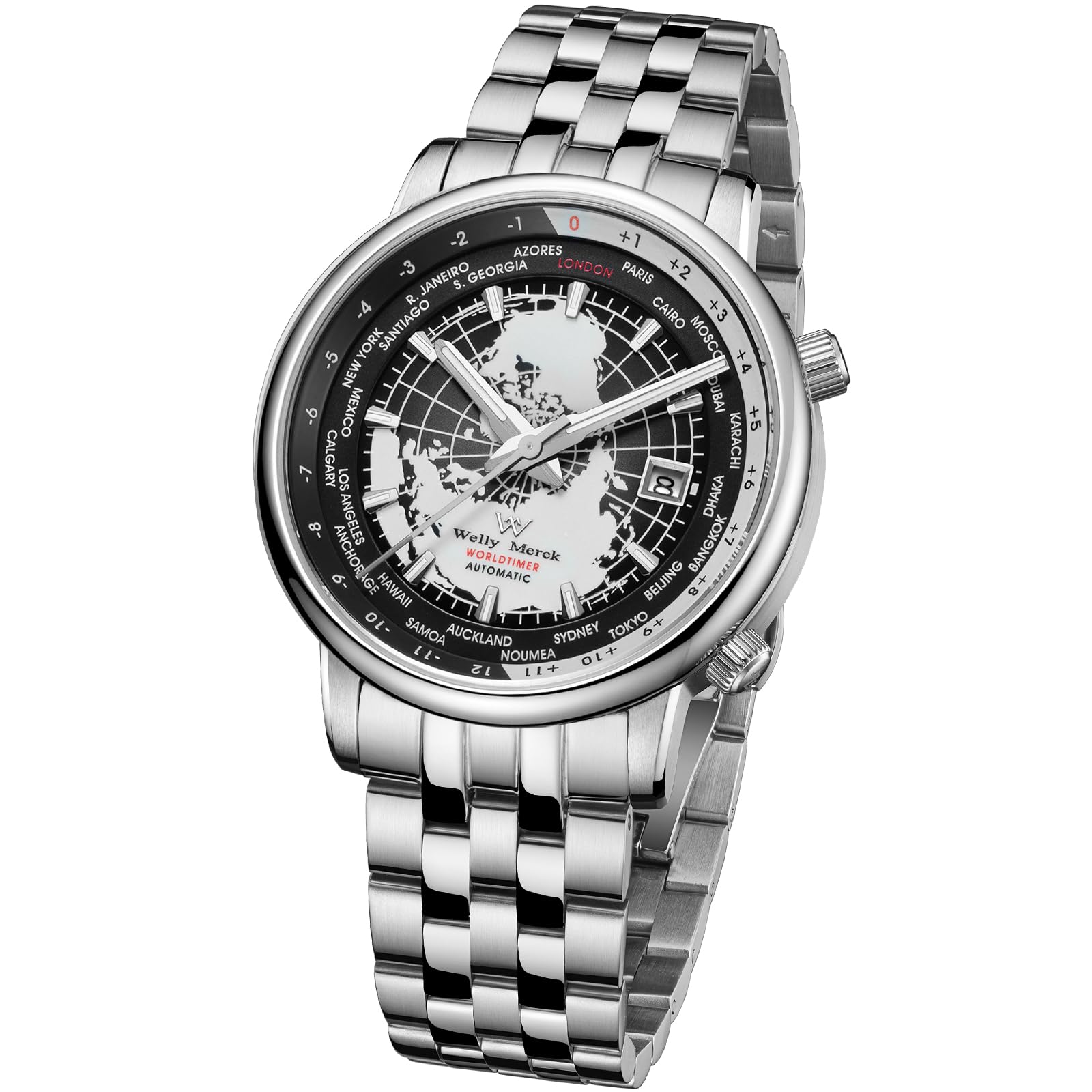 

Men s Watch with World Time Function, 100M Water Resistance, Simple, Stylish, Popular, and Formal - WM057 - Silver Black