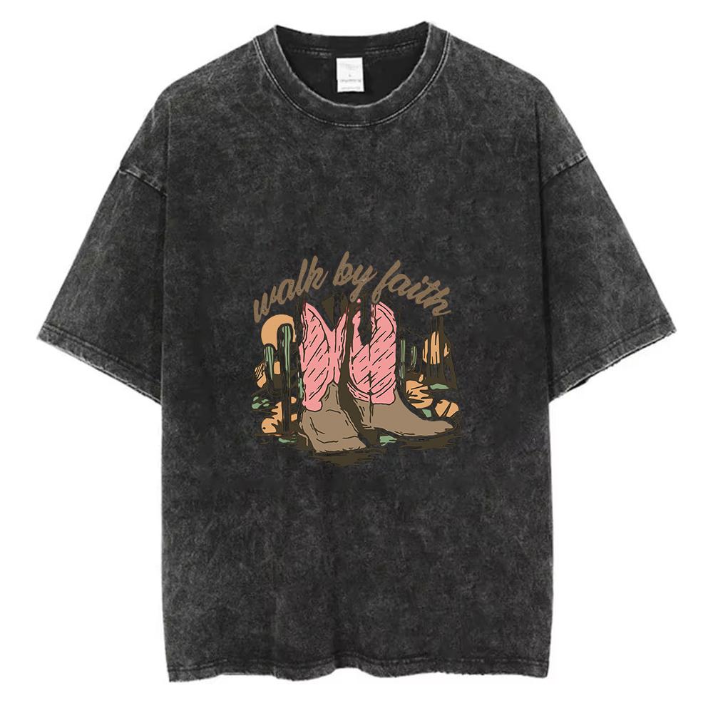 Vintage Washed Western Cowboy Boot Graphic Print Oversized T-Shirt Crew Neck Tee for Country Lovers