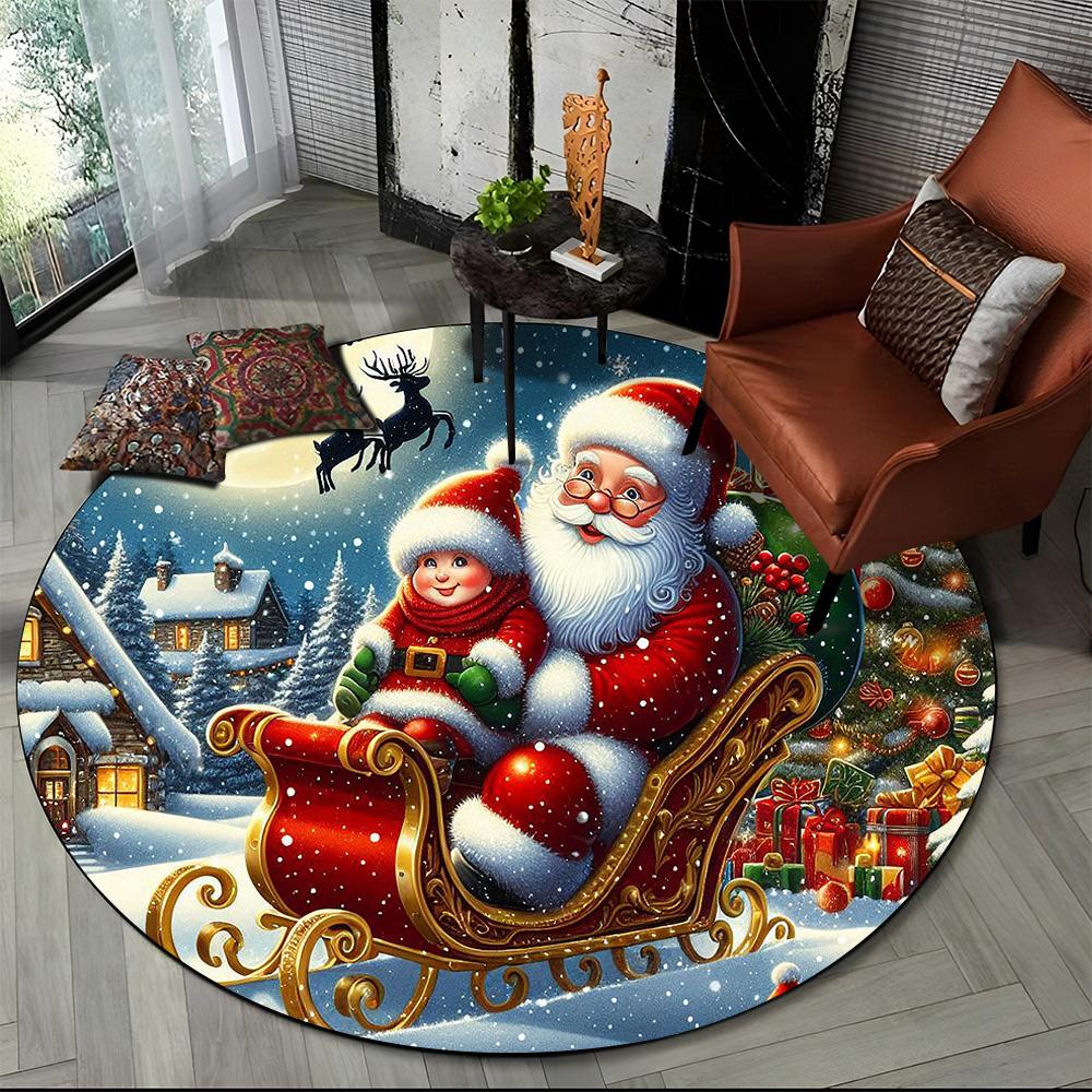 Merry Christmas Cartoon Santa Claus Snowman New Year Round Carpet Rug for Bedroom Living Room Sofa Decoration,Decor Floor Mat