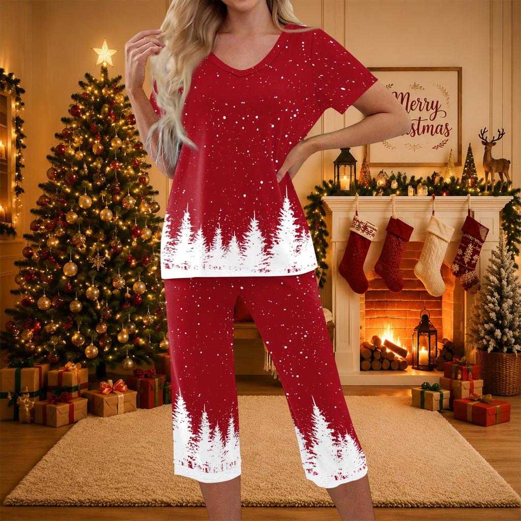 Women's Casual Christmas Print Two Piece Athletic Set Short Sleeve Top and Pants