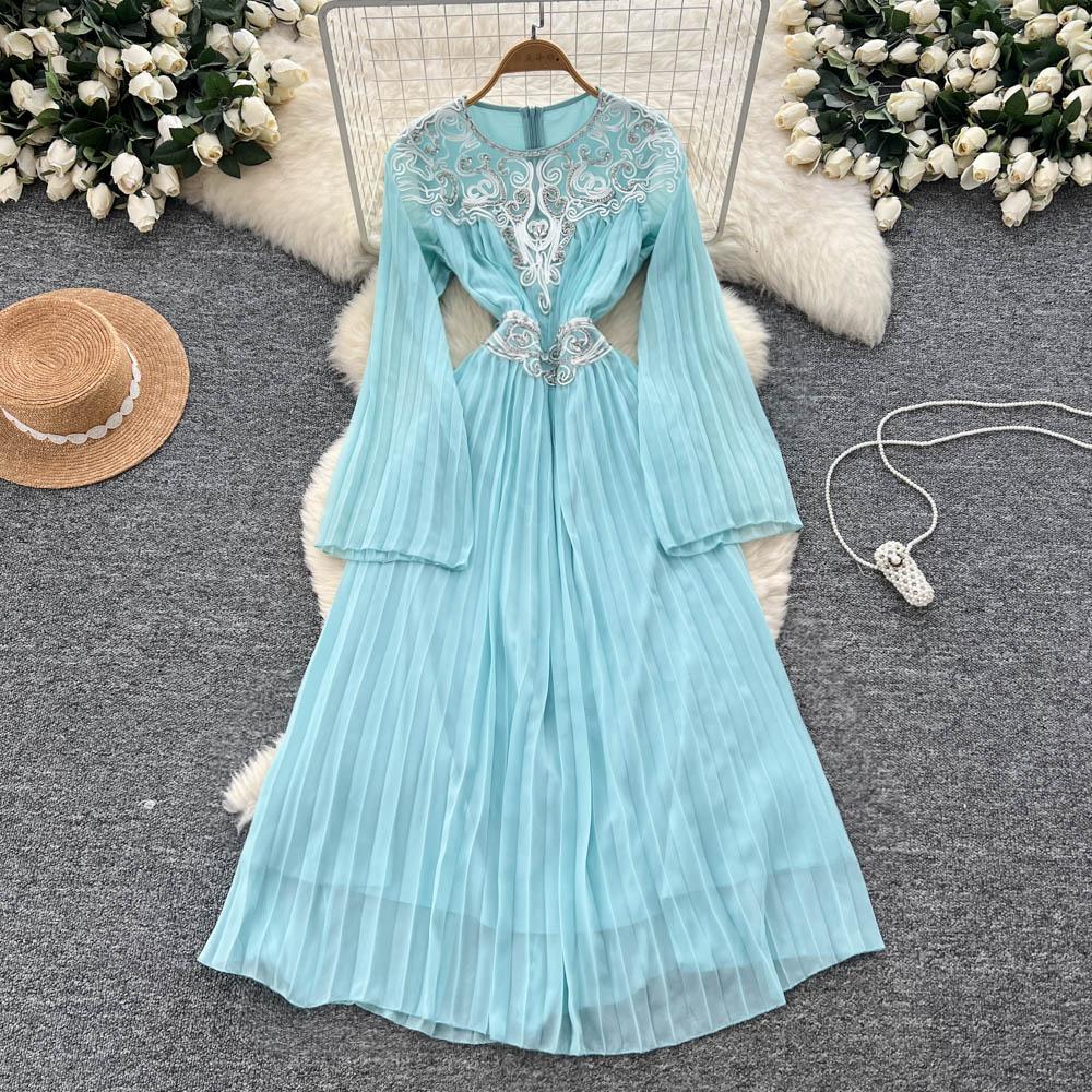 

Chic Vintage Embroidered Ruched Chiffon Slim Elegant Fairy Korean Fashion Boho Sundress Women Clothing Long Dress M синій