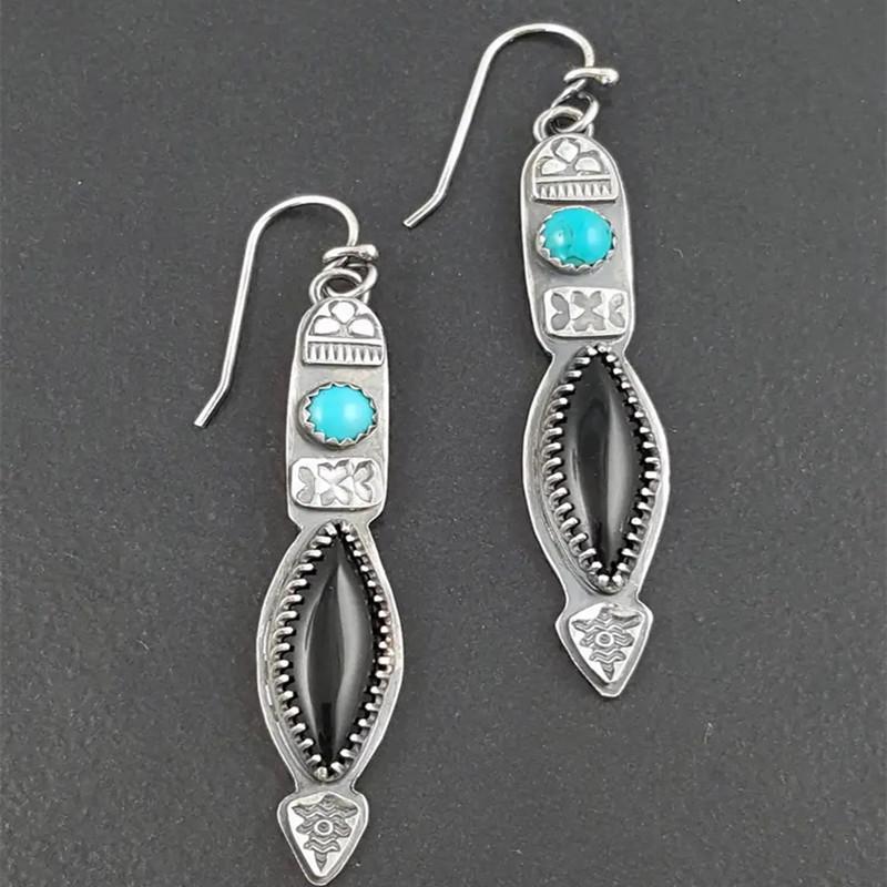Hot Selling Women's Blue Resin Inlaid Retro Jewelry Metal Handmade Pendant Earrings
