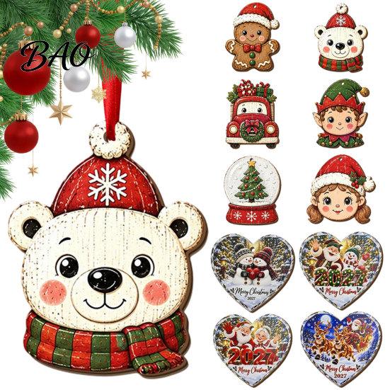 Decorative Wooden Crafts Christmas Tree Pendants with Red Rope, Cute Cartoon Hanging Ornaments Gifts for Family Holiday Home Decoration, Fireplace And