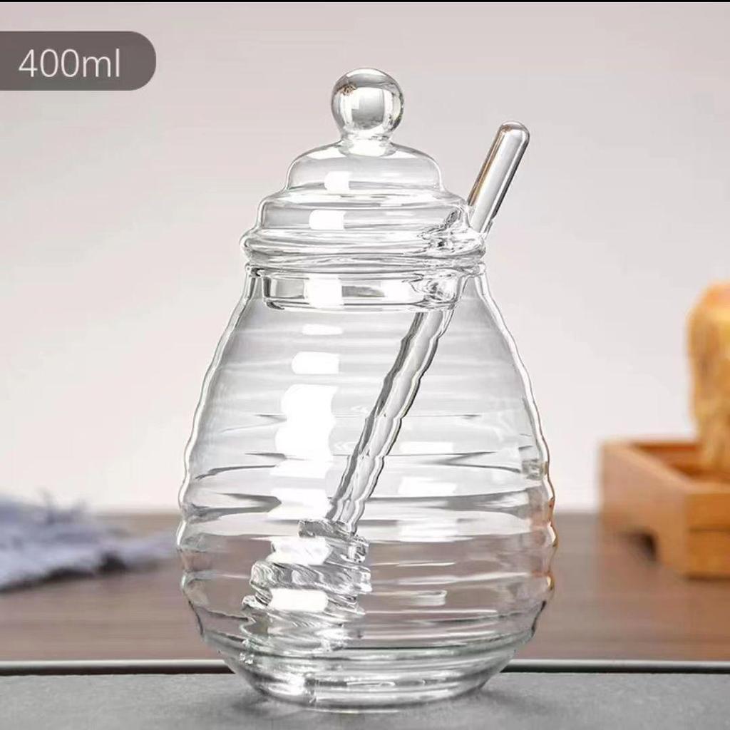 High Borosilicate Transparent Glass Honey Jar with Stirrer and Lid