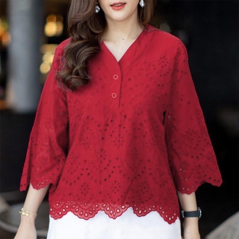 

ZANZEA Женская повседневная блузка с V-образным вырезом, рукавом 3/4, ажурным вязанием крючком и лоскутной отделкой S красный